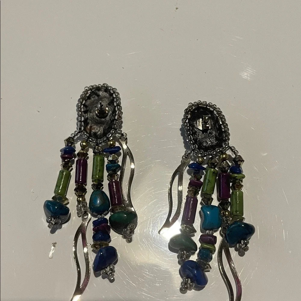 Turquoise Beaded Dangle Earrings Silver Tone‎ Boho Statement Jewelry